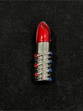 Vintage Red Lipstick Brooch Pendant with Red & Blue Rhinestones - Silver